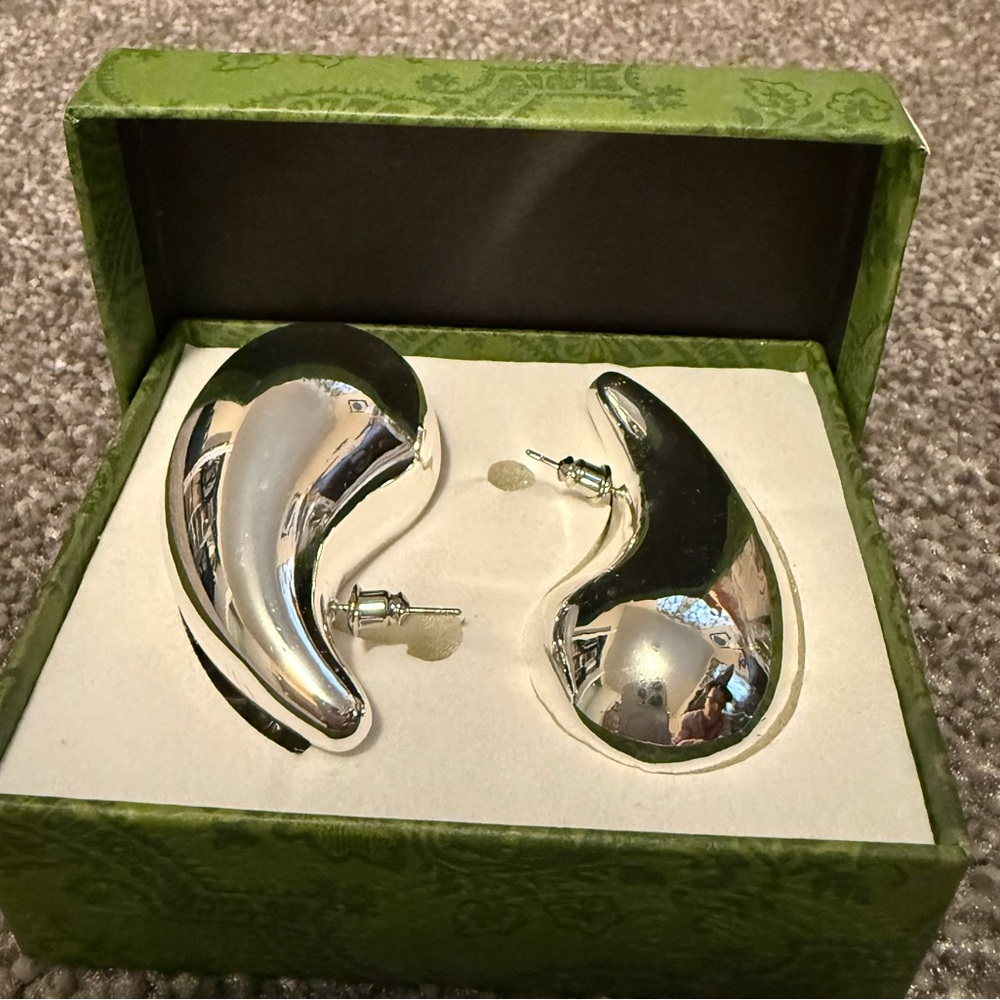 Silver Tone Curved Drop Stud Earrings - Women Accessories
